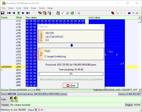 DiskExplorer: Showing drive imaging progress